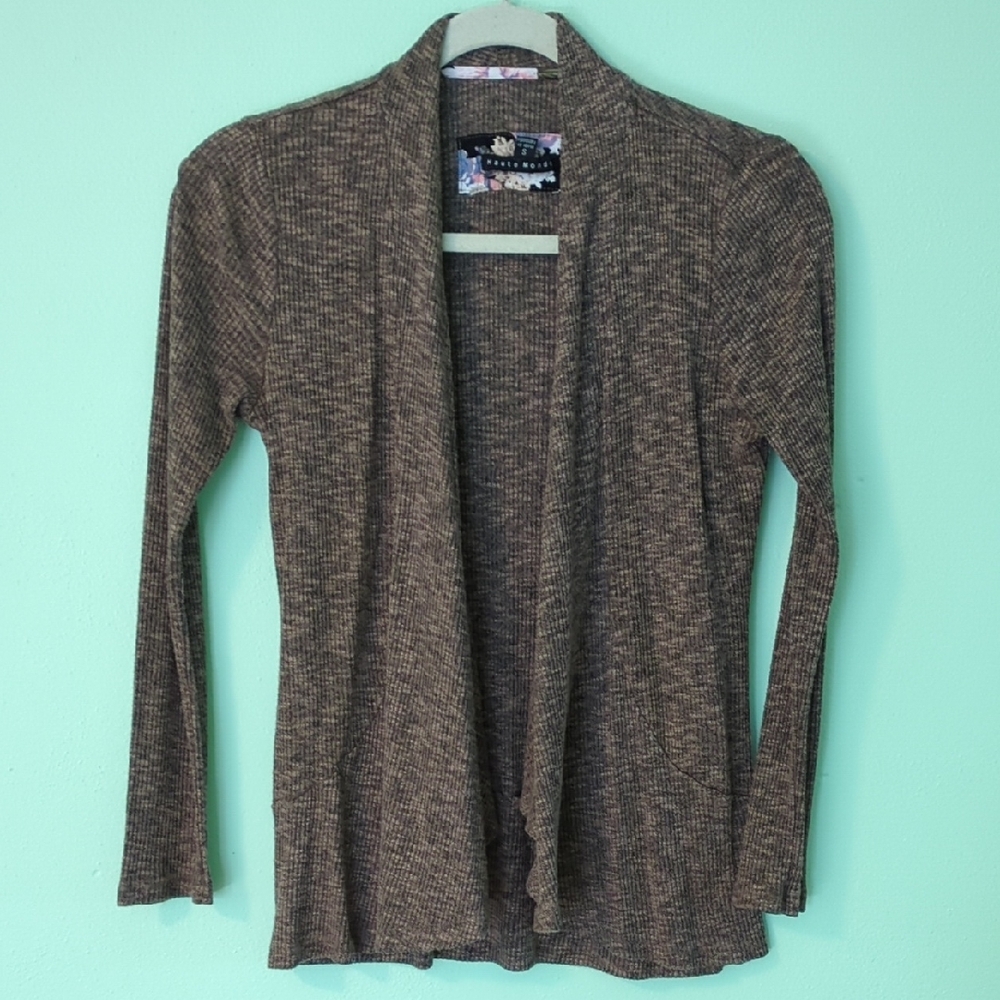 Haute Monde Brown Open-Front Cardigan with Shawl Collar